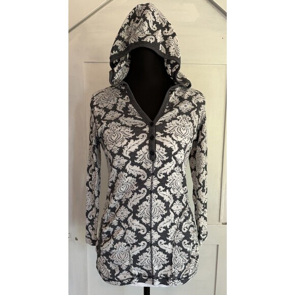 Mod-O-Doc YTK Gray & White Damask Print lightweight Thermal Pullover Hoodie Sz 2 - Picture 8 of 9